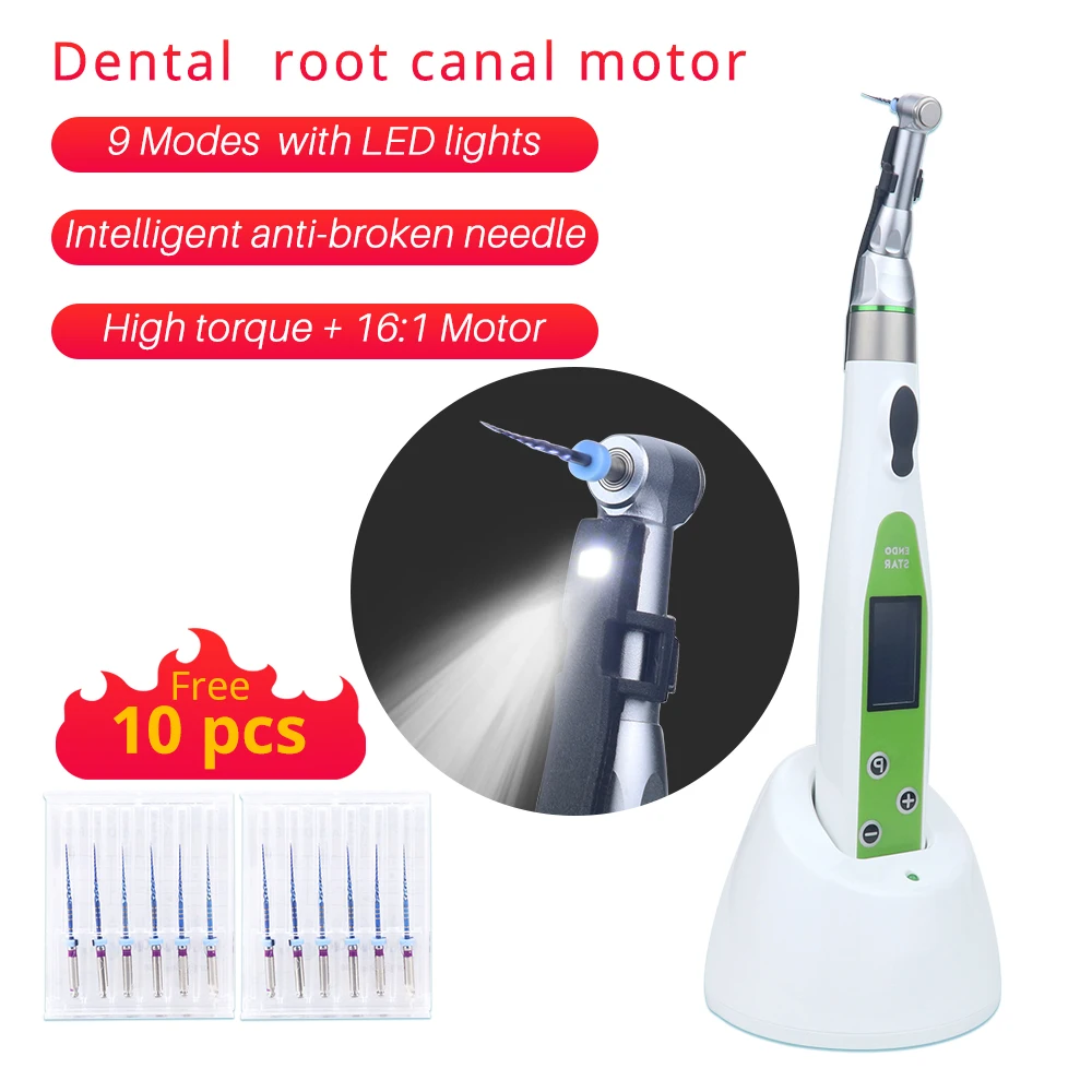 

Dental LED Wireless Mini 16:1 Reduction Contra Angle Endo Motor Endodontic Treatment 9 Kinds of Procedures Handpiece