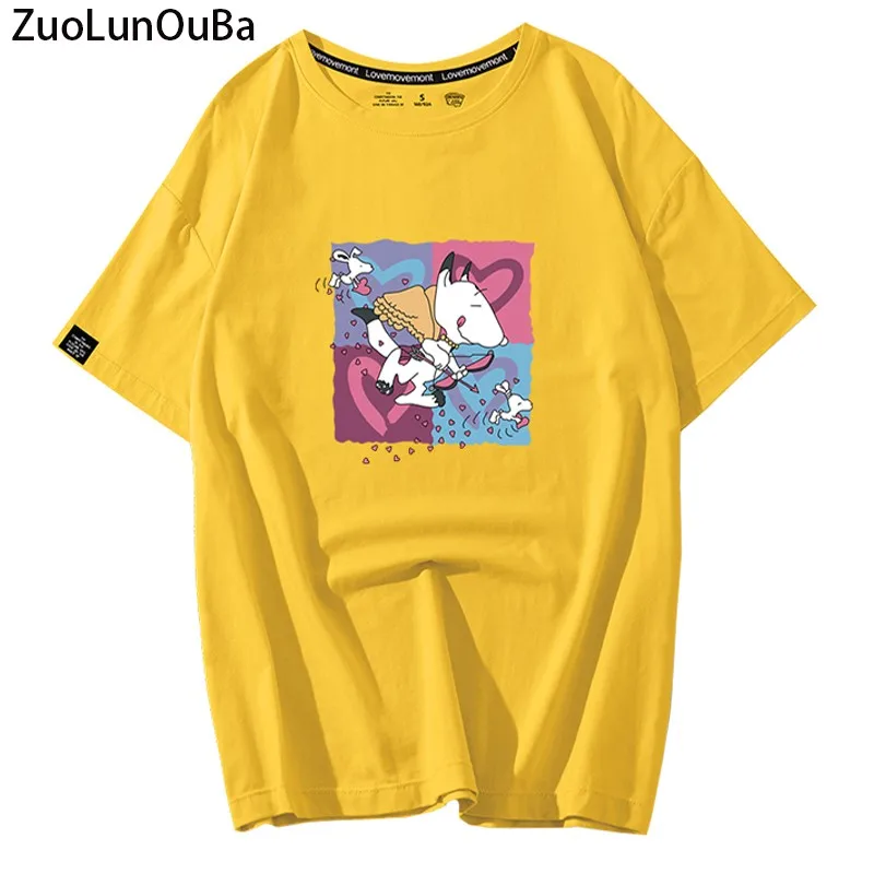 

ZuoLunOuBa Summer Cotton Fashion Yellow Women T Shirt Print Launch Love Heart Naughty Puppy Casual Girl Tees Loose Tops Female