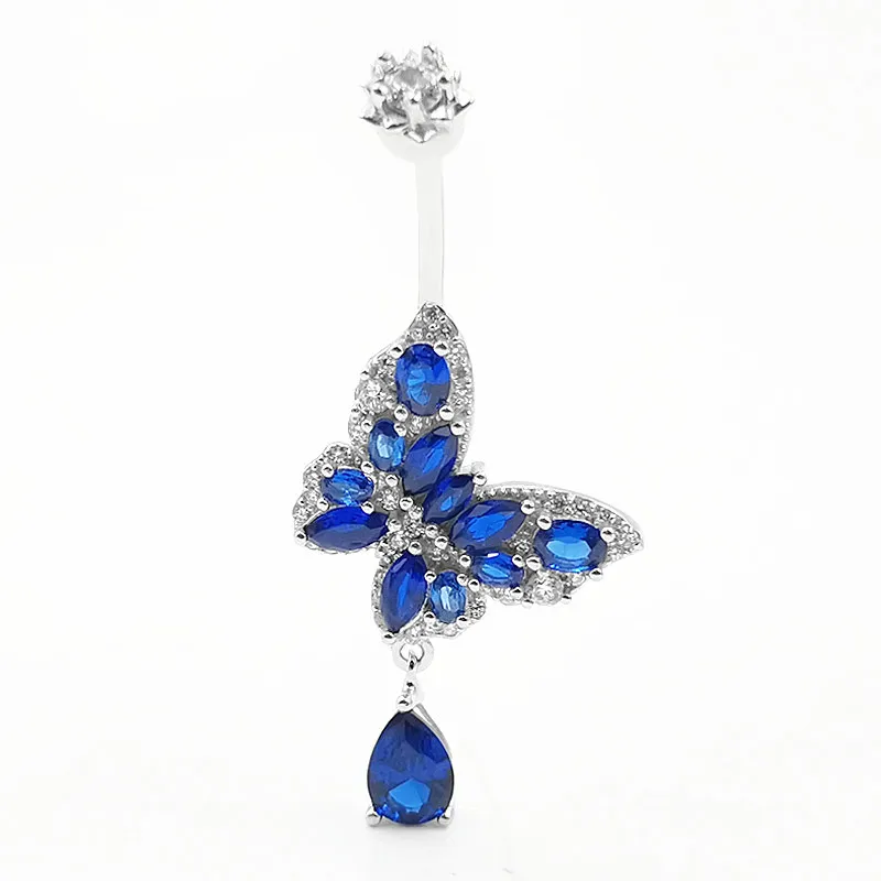 925 Sterling Silver Butterfly Belly Button Ring Blue Zircon Navel Piercing Sexy Body Jewelry