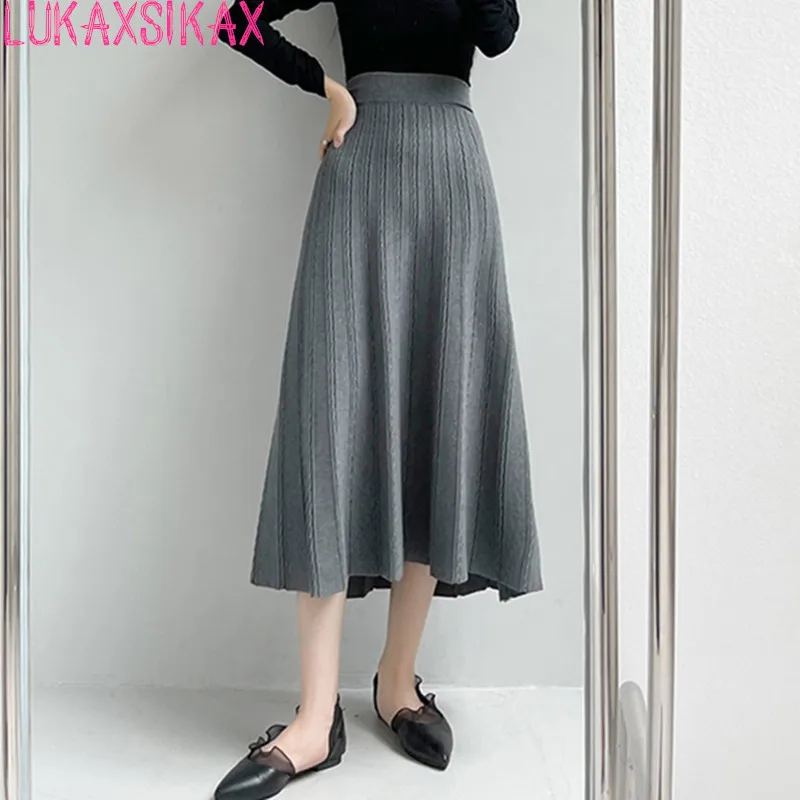 

LUKAXSIKAX New Autumn Winter Women High Waist Slim Long Skirt High Quality Elegant Solid Color Twisted Jacquard Knitted Skirt