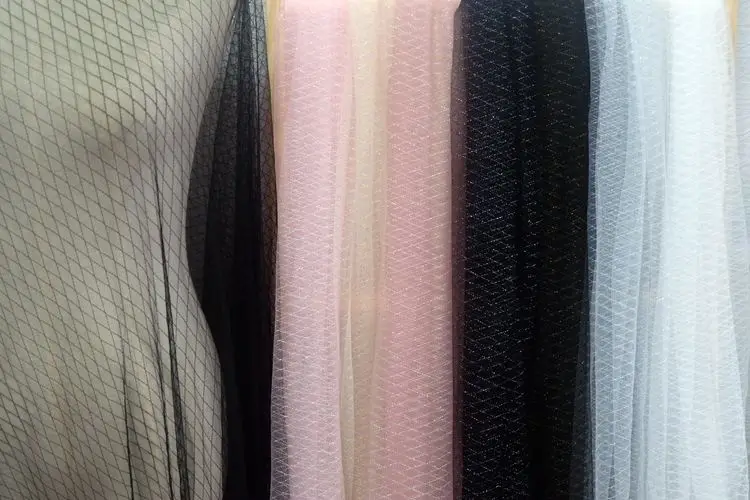 150cm Wide 1meter/lot Thin Tulle Fabric Veil Lace Fabric Material Grid Black White Gold Silver Thread Decoration X1087