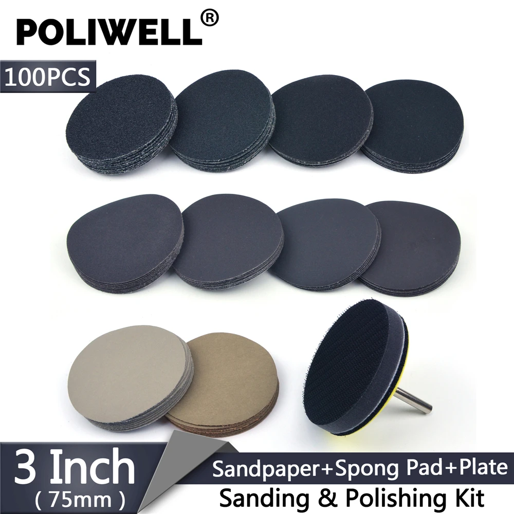 

3 Inch 75mm Polishing Kit 100pcs 60/120/180/240/400/600/800/1000/5000/10000 Wet Sanding Discs + 6mm Rod Sanding Pad + Sponge Pad