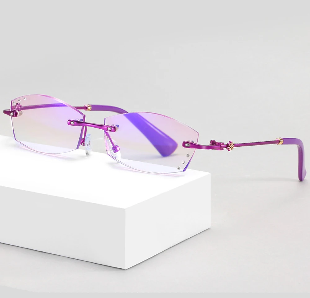 

Luxury Diamond Cut Reading Glasses Women Rimless Purple/red Frame Delicate Design Fashion Anti-blu Anti Fatigue +1 +1.5 +2 to +4