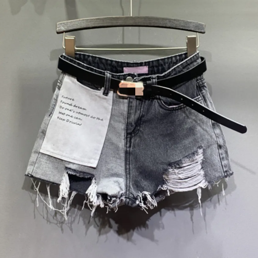 

2023Summer casual hole denim shorts women high waist patch loose wide leg jeans shorts
