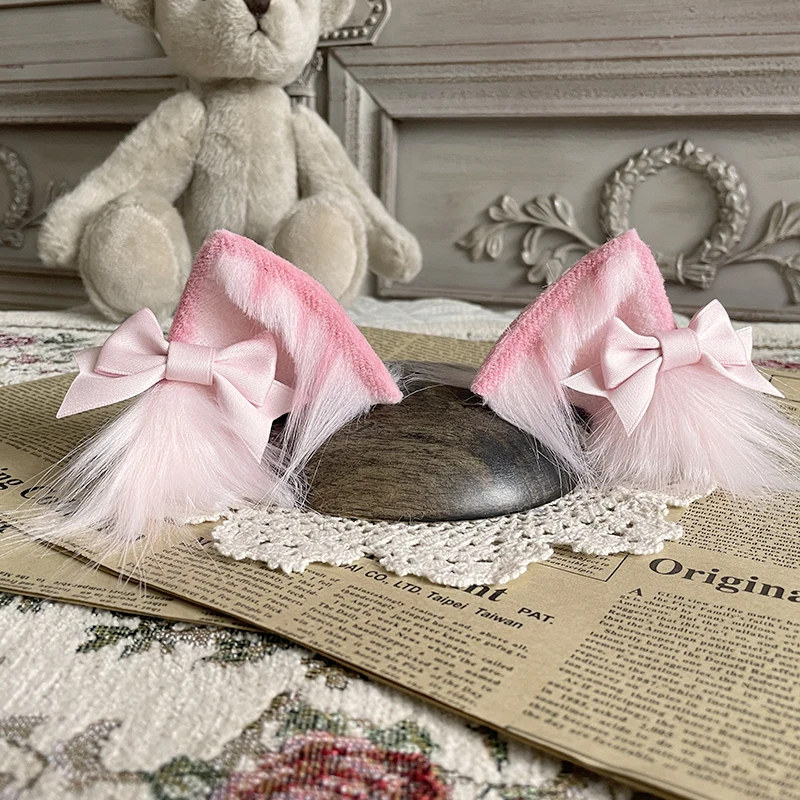 Three Flower Cat Ear Barrettes Lolita Handmade Animal Ears Harajuku Cute Kawaii Bow Hair Accessories Cos Cat Ear Headdress