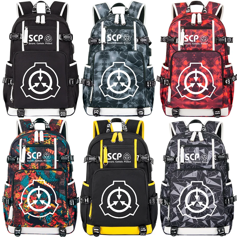 SCP Foundation Children Backpack Black Bookbag Cartoon School Bags for Teenage Boy SCP Travel Bagpack USB Laptop Shoulder Bags