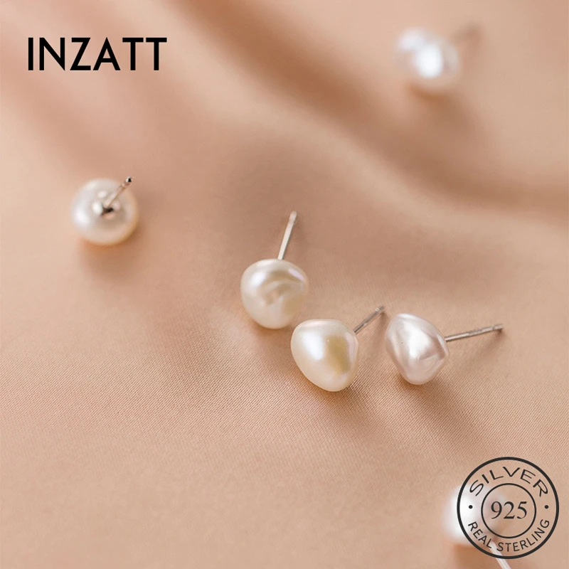 INZATT Real 925 Sterling Silver Irregular Pearl Stud Earrings For Fashion Women Fine Jewelry Punk Accessories