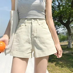 Shorts in Denim delle donne A Vita Alta Bicchierini di Estate Coreano Delle Ragazze Delle Signore di Base Nero Bianco Beige Pantaloncini di Jeans