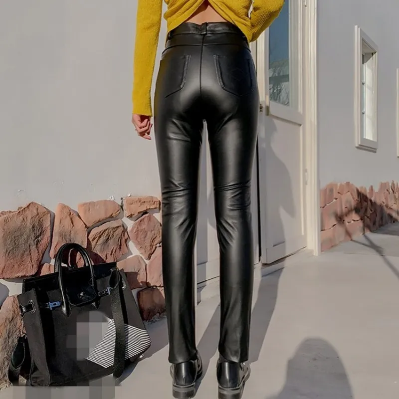 High Quality Real Leather Pencil Pants Women Streetwear Slim Zipper Black Trousers Size 5XL 6XL Office Ladies Cowskin Pants