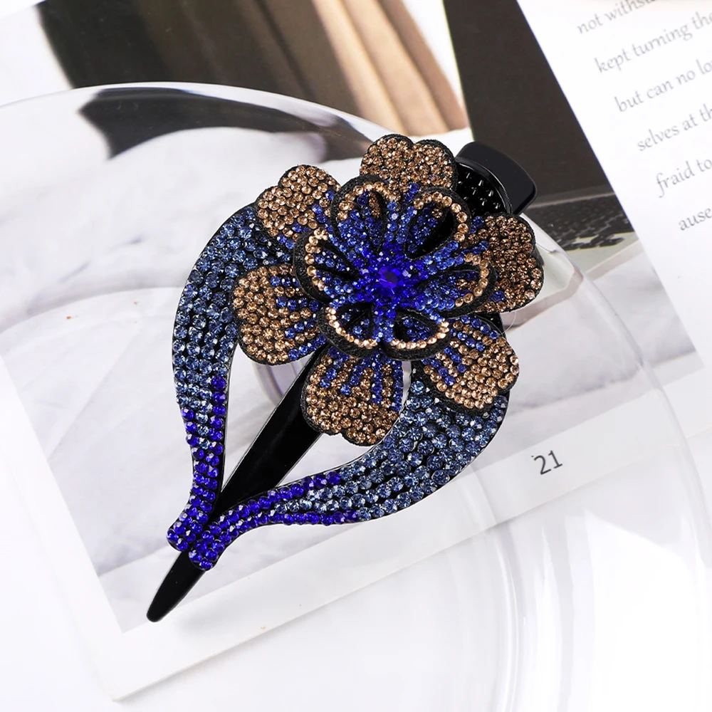 AWAYTR Vintage Double Flower Rhinestone Hairpin Large Hair Clip Hair Accessories for Women Headdress Elegant Clip Ponytail Clip