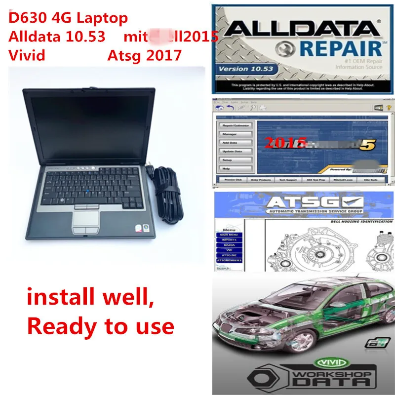 

2021 Hot Sell all data 10.53 Auto Repair Software Alldata Mit//chell OD 2015 atsg vivid 4in1 1TB HDD installed in laptop D630 4g