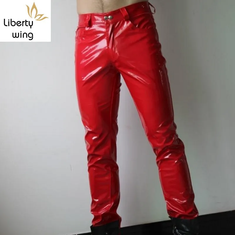 

Fashion Men Faux Patent Skinny Pencil Low Waist Punk Style Red Male Trousers Plus Size Motorcycle Pu Leather Pants