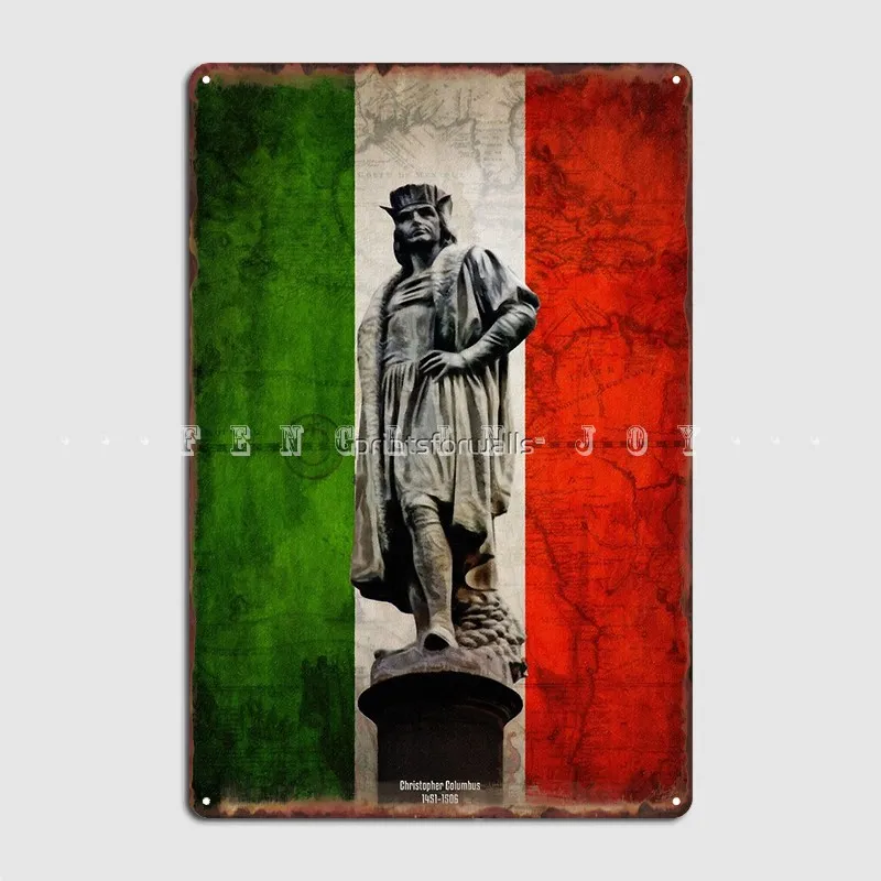 Christopher Columbus Statue With Italian Flag Metal Plaque Poster Vintage Living Room Wall Decor Tin Sign Poster