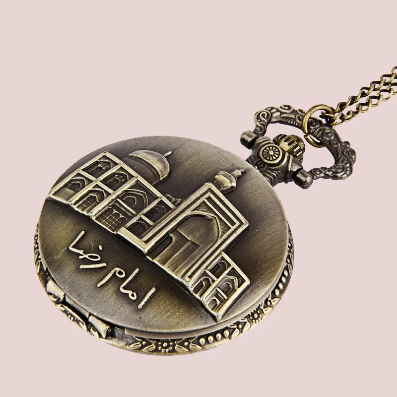 

Men Women Fob watch with necklace Retro Islamic Castle Unique Pocket Watch Bronze Engraved Design Exquisite Casual