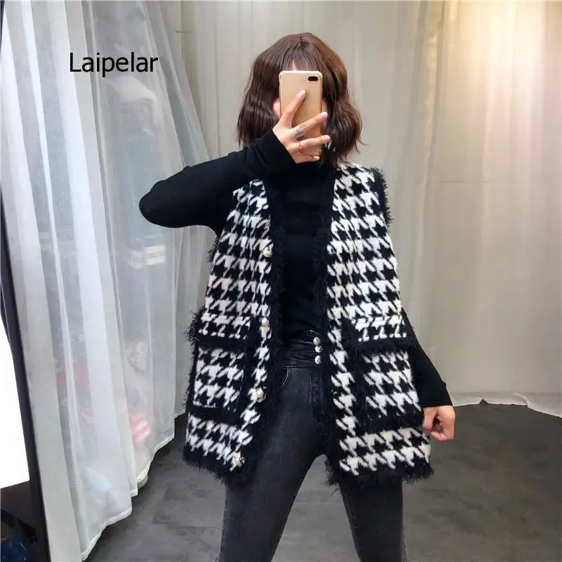 2024 giacca pied de poule senza maniche donna autunno inverno gilet tascabile cappotto di lana donna moda gilet lungo Cardigan scozzese