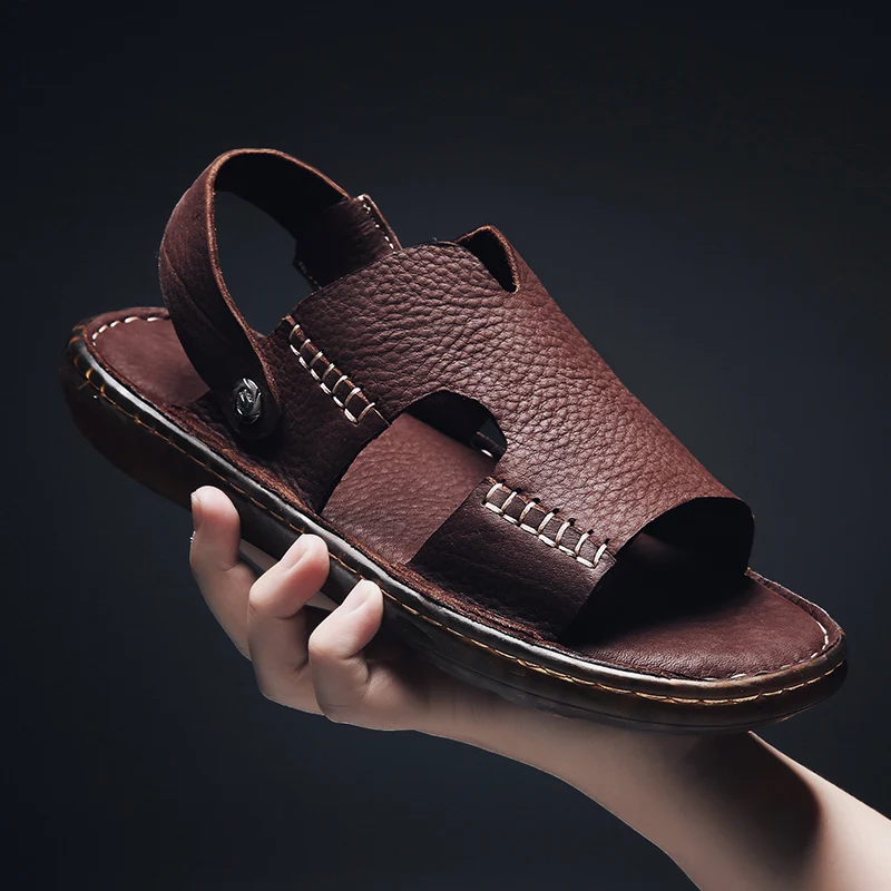 Summer Fashion Men Shoes Vintage Real Leather Non-slip Beach Slip-On Sandals Travel Flip Flop Slippers Black Brown