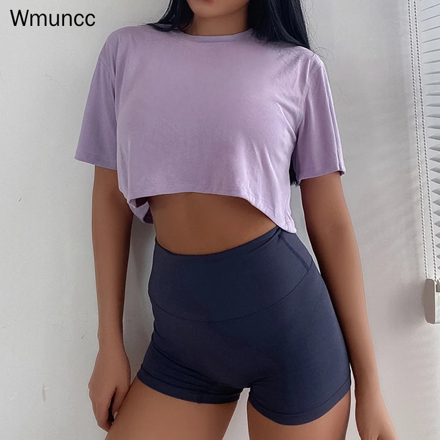 Wmuncc 2022 New Women Loose Crop Top Modal Sexy Short Sleeve T-Shirt Fitness Workout Activewear Quick Dry Breathable Blouse