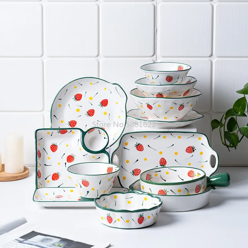 Hand-painted Underglaze Ceramic Dishes Set Combination Eating Bowl Soup Bowl Noodle Bowl Dish Set Creative Strawberry