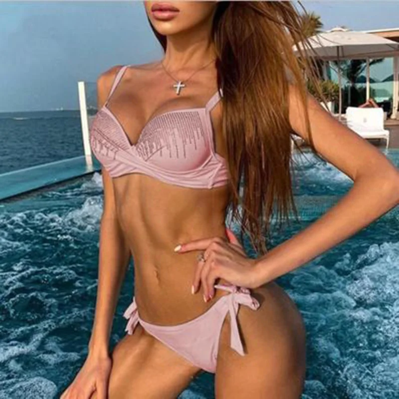 New Sexy 2024 Shiny Diamond Sequins Push Up Bikini Female Swimsuit Women Swimwear Bra Up Bikini set Bather White Bathing Suit