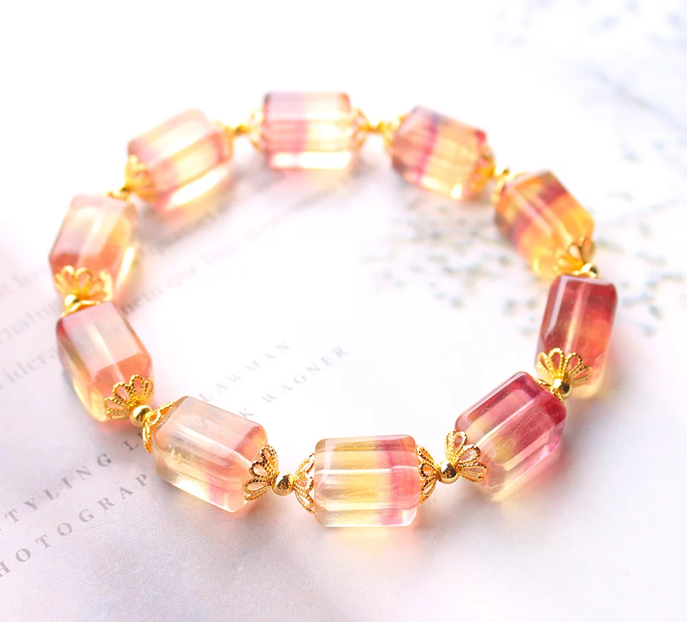 Natural Yellow Fluorite Quartz Beads Bracelet Gemstone 12x10mm Clear Rectangle Beads Women Orange Watermelon Fluorite AAAAA