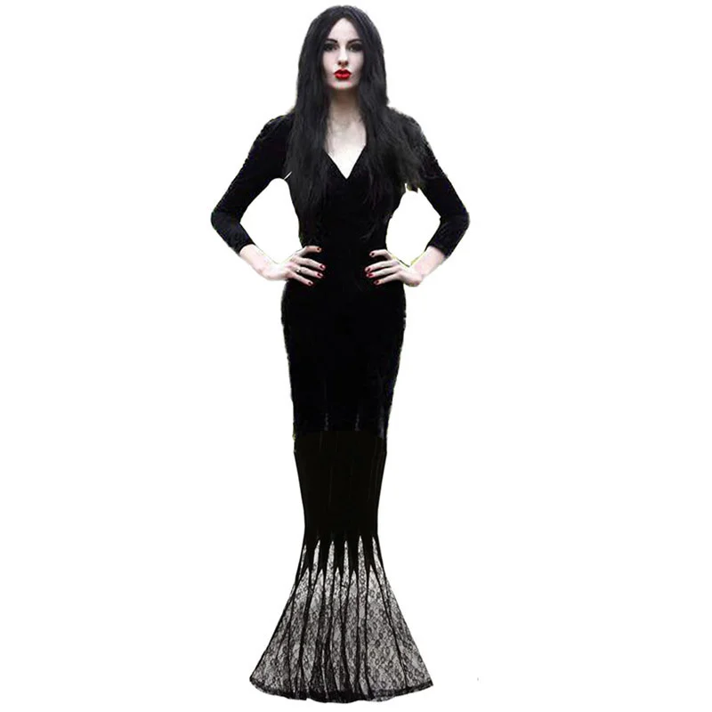 Female adult goth halloween morticia addams ghost witch costume black floor lace dress robe purim carnival