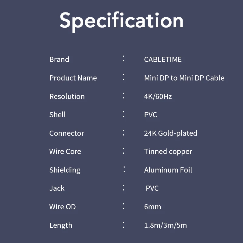 CABLETIME New High quality Mini DP to Mini DP Displayport Cable dp adaptor for Macbook/Mac Lenovo Dell 4K display C051