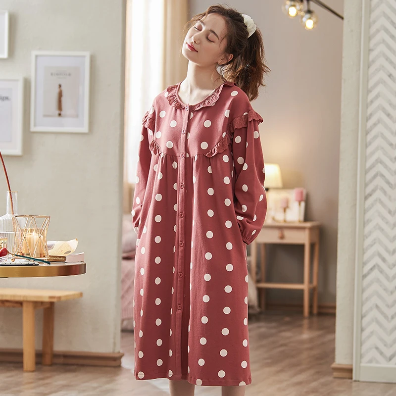 

Fashion Polka Dot Woman Cotton Nightgown Long Sleeve Cardigan Dress Long Nightgown With Lace Princess Home Clothes For Female