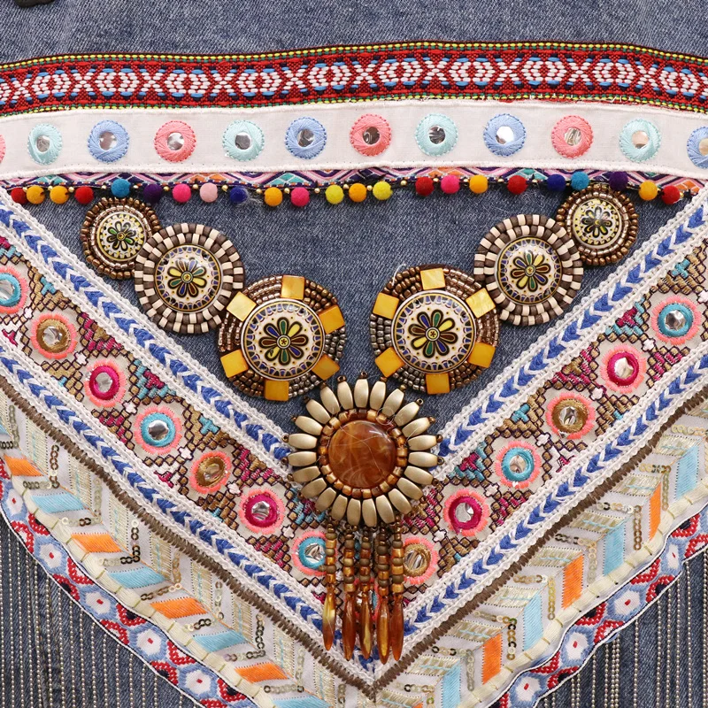 Denim Jacket Female Autumn Vintage Ethnic Appliques Embroid Tassels Bead Loose Sleeve Outerwear Jacket Women Chaquetas Mujer