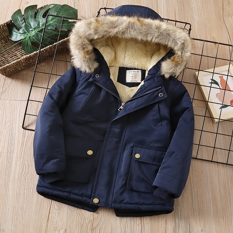 Baby Boys Denim Jacket Plus Fur Warm Toddler Children\'s winter boys cotton padded clothes baby\'s thickened cotton padded coat