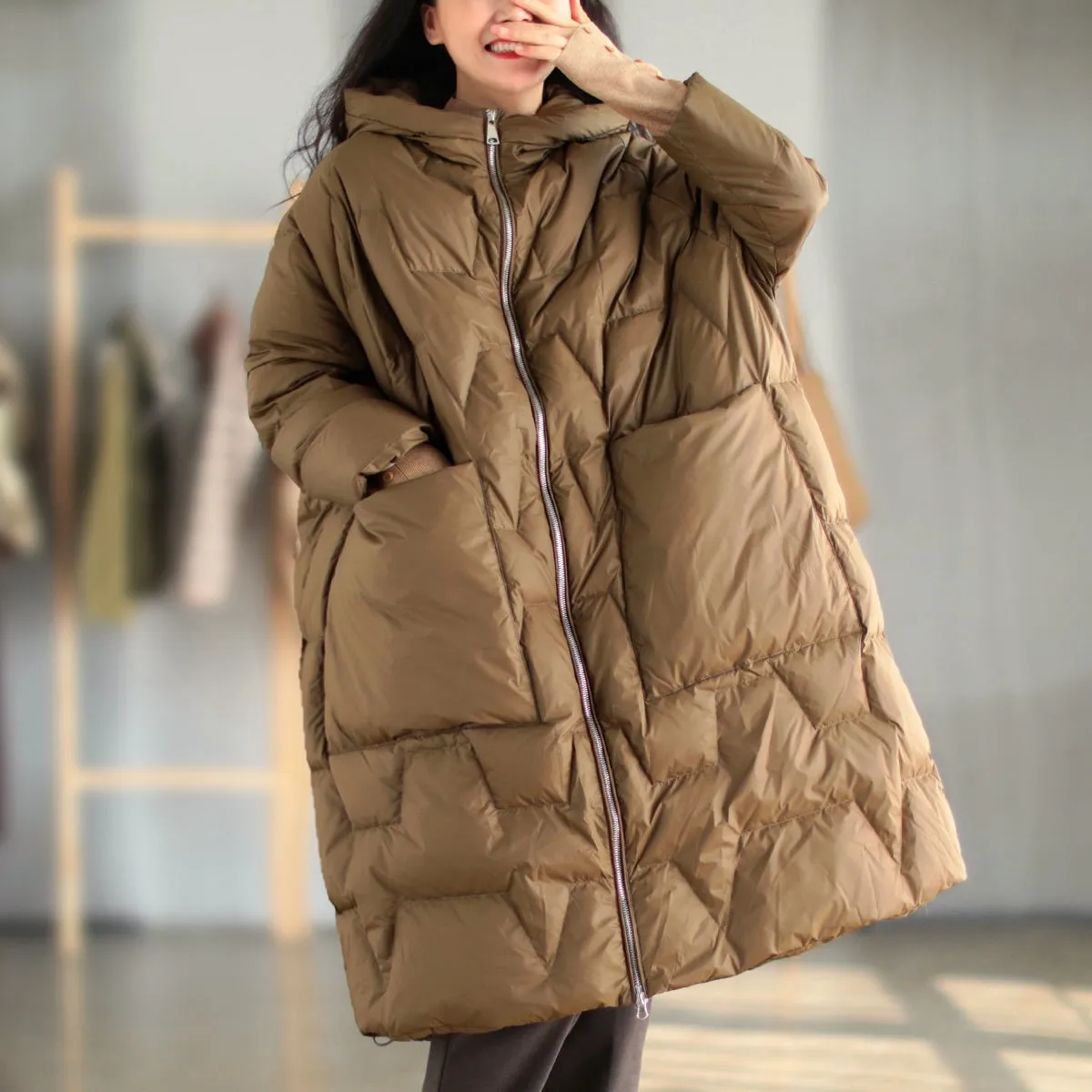 Fashion loose grid women winter jacket outdoor windproof anti-static warm hooded collar female long parkas red black beige brown