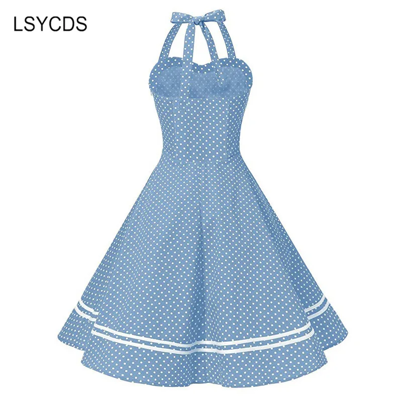 LSYCDS Polka Dots Vintage Kleider für Frauen 50er 60er Neckholder Ärmelloses Kleid Frau Midi Vestidos A-Linie Sommerkleid Kleid Neu