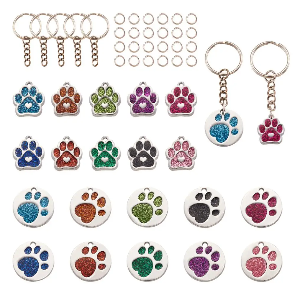 

1 Box DIY Pet Keychain Necklace Making Kit with Mixed Color Dog/Cat Paw Print Enamel Pendant Glitter Powder Charms & Jump Rings