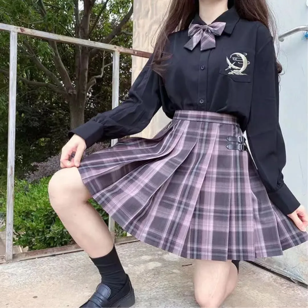 Alta qualidade jk uniformes estudantes manga curta verão menina, cintura alta plissado roxo xadrez mini saia vestido feminino