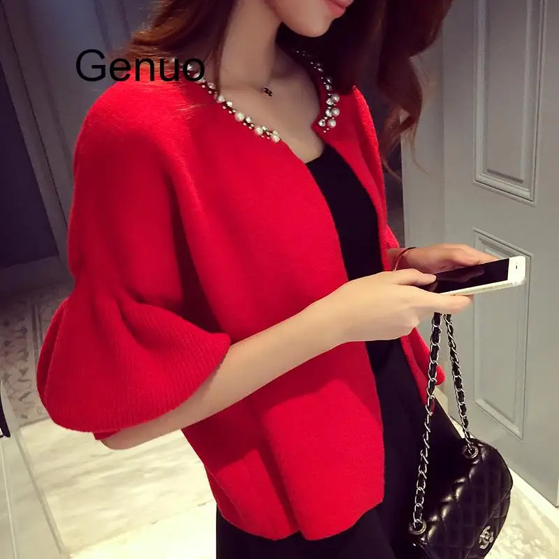 2020 Women Knitted Sweater Korean Style  Loose Coat O Neck Diamond Bead Collar Sweet Sweaters Cardigan Jacket
