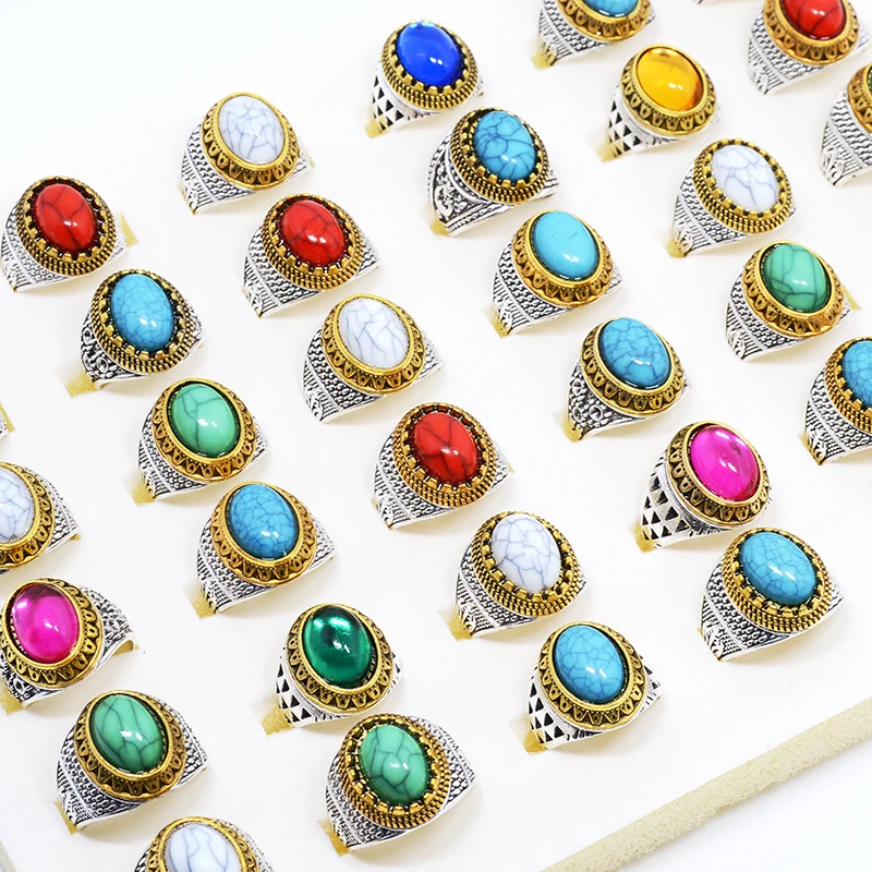 

Wholesale 20pcs/Lots Vintage Golden Antique Silver Color Turquoises Stone Jewelry Ring For Mens Women Mix Style