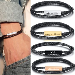 Personalized Leather Braided Bracelet for Men Women Customized Name Engrave Bangle 19cm 21cm