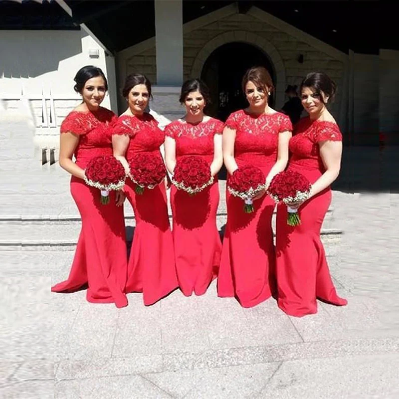 Wholesale On Sale Elegant Red Lace Mermaid Bridesmaid Dresses Long Cap Sleeves Maid of Honor Gowns Boat Neck Back Out 2021