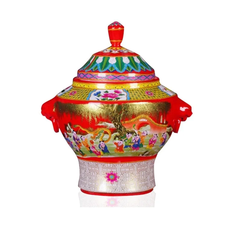 Jingdezhen Ceramic Chinese Enamel Pastel Boy Playing with a Lid Binaural jiang jun guan Storage Tank Ornaments