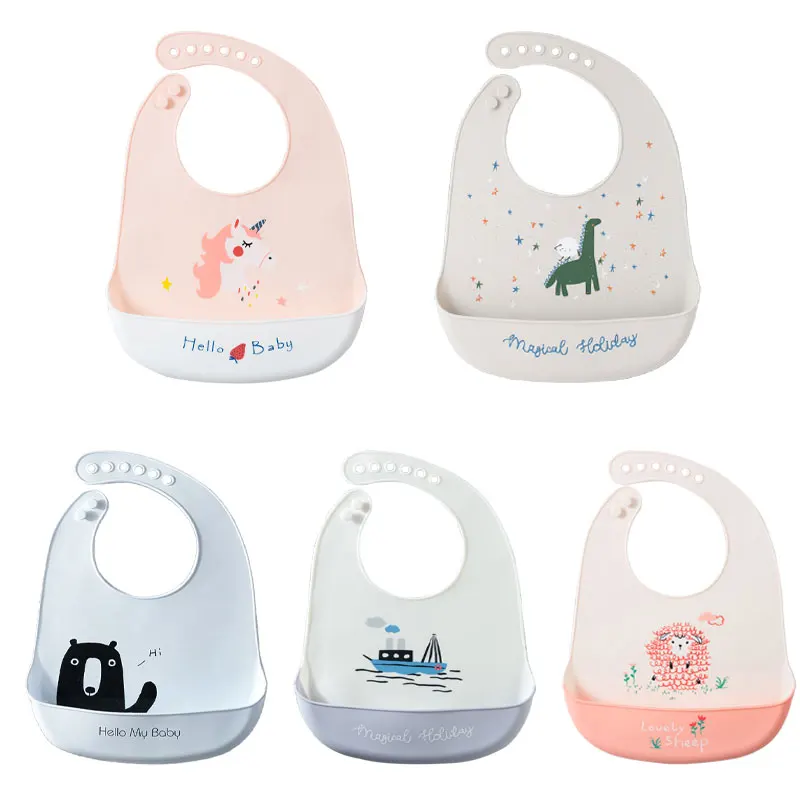 2021 Cute Baby Bibs Waterproof Silicone Bib Feeding Infant Newborn Cartoon Apron ToddlerX Adjustable Bib Burp Cloths with Pocket