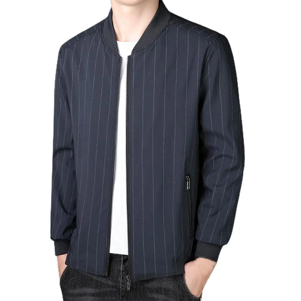 Men Coat Stripe Stand Collar Zipper Plus Size Spring Jacket for Daily Wear