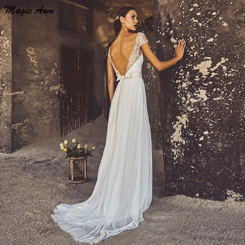 Magic Awn-vestidos de novia Vintage de gasa con encaje, ropa de boda con espalda abierta, apliques bohemios, para playa, con tren, Abito Da Sposa