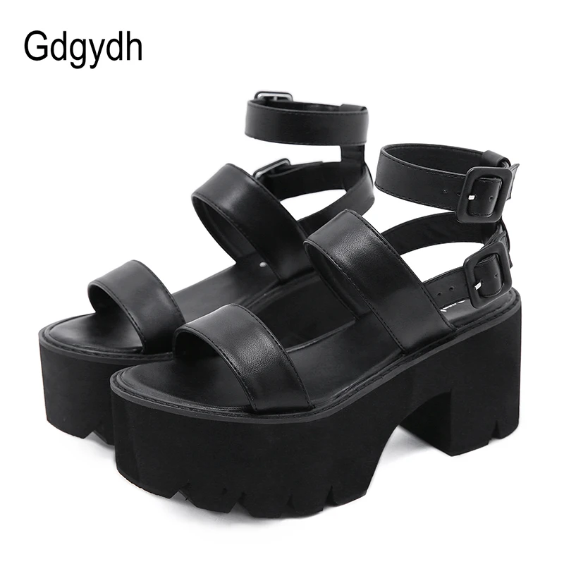 Gdgydh Summer Women Platform Sandals Thick Bottom Ankle Strap Sandals High Heels Open Toe Black Chunky Heel Shoes Fashion Solid