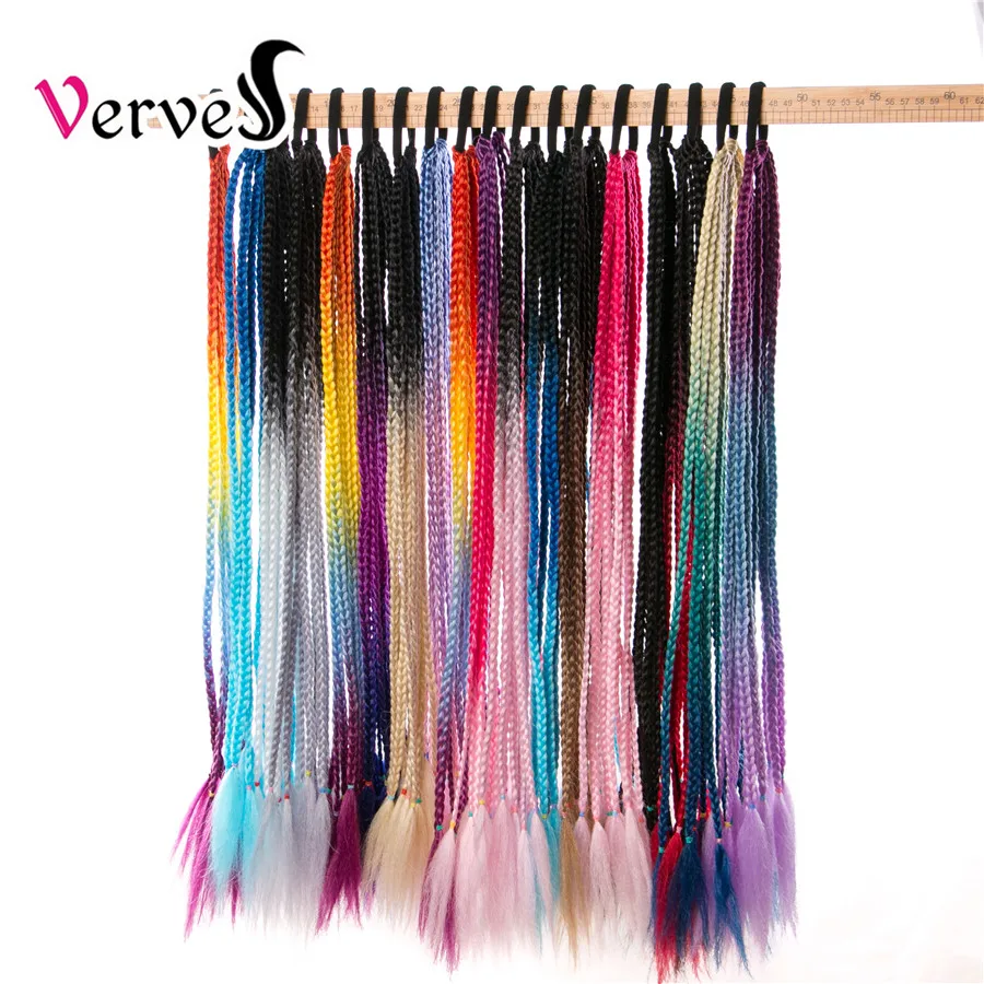 VERVES Synthetic Ponytail Hairpiece With Rubber Band Hair Ring 24 inch Box Braided Extensions for Children Girls Pink Rainbow