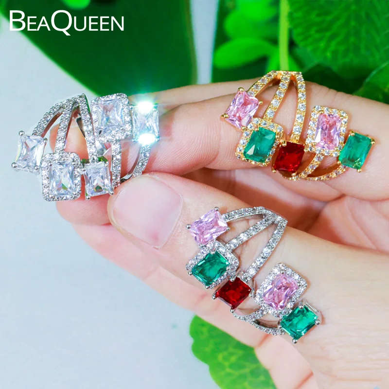 

BeaQueen Noble Multicolored Square Cubic Zirconia Adjustable Size Big Open Finger Rings Bridal Wedding Jewelry for Women R112