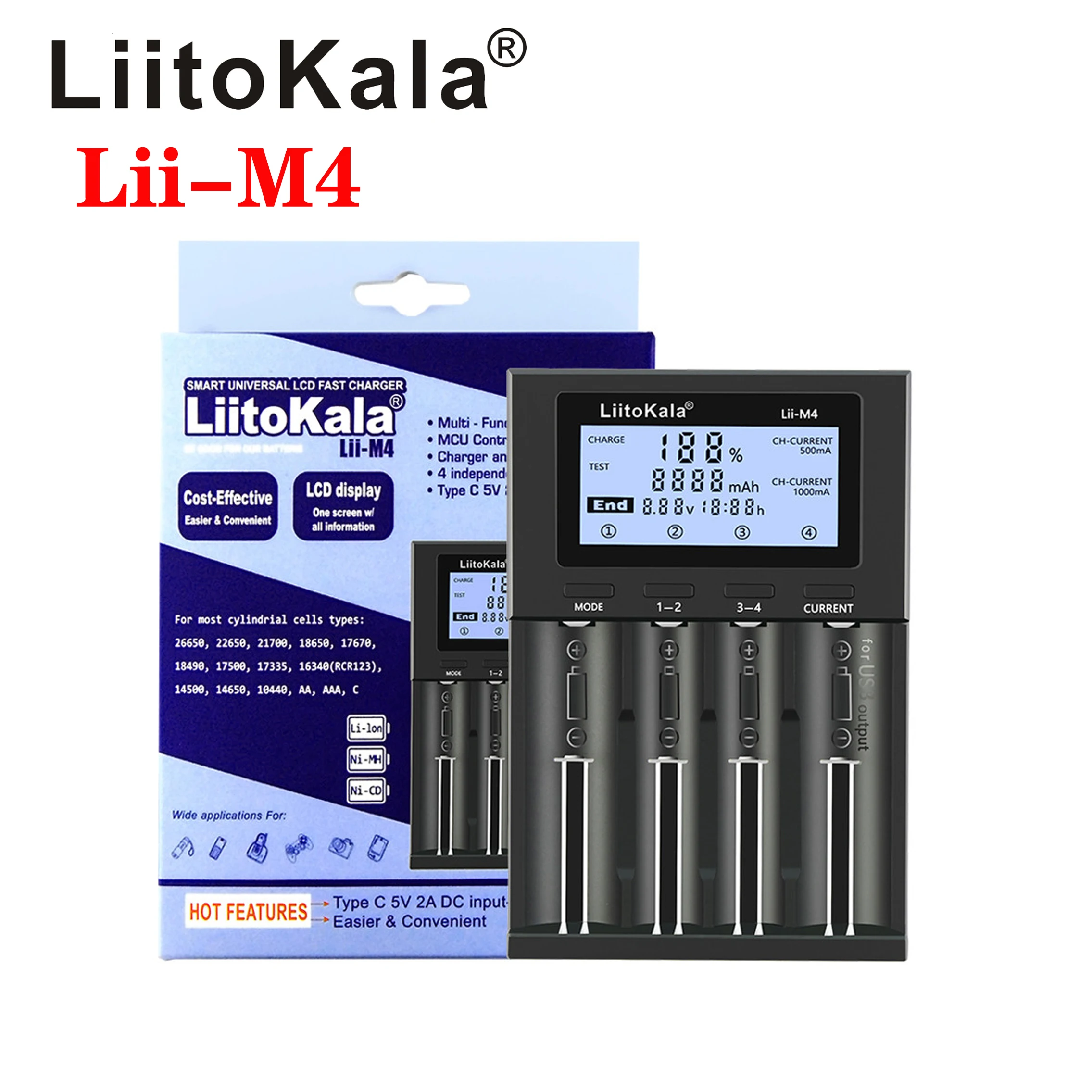 LiitoKala Lii-M4 LCD 3.7V/1.2V AA/AAA 18650/26650/16340/14500/10440/18500 Carregador de bateria com tela Capacidade detectável 5V