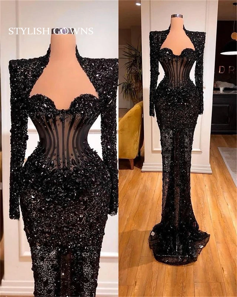 Luxury African Mermaid Evening Dresses For Black Girls Beaded Sparkly Sequined Formal Dress Sweetheart Birthday Party Gown Robe