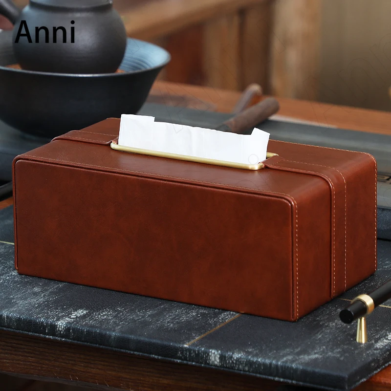 

Minimalist Leather Tissue Boxes Nordic Modern Golden Metal Ring Decorative Napkin Holder Office Desktop Paper Towel Organization