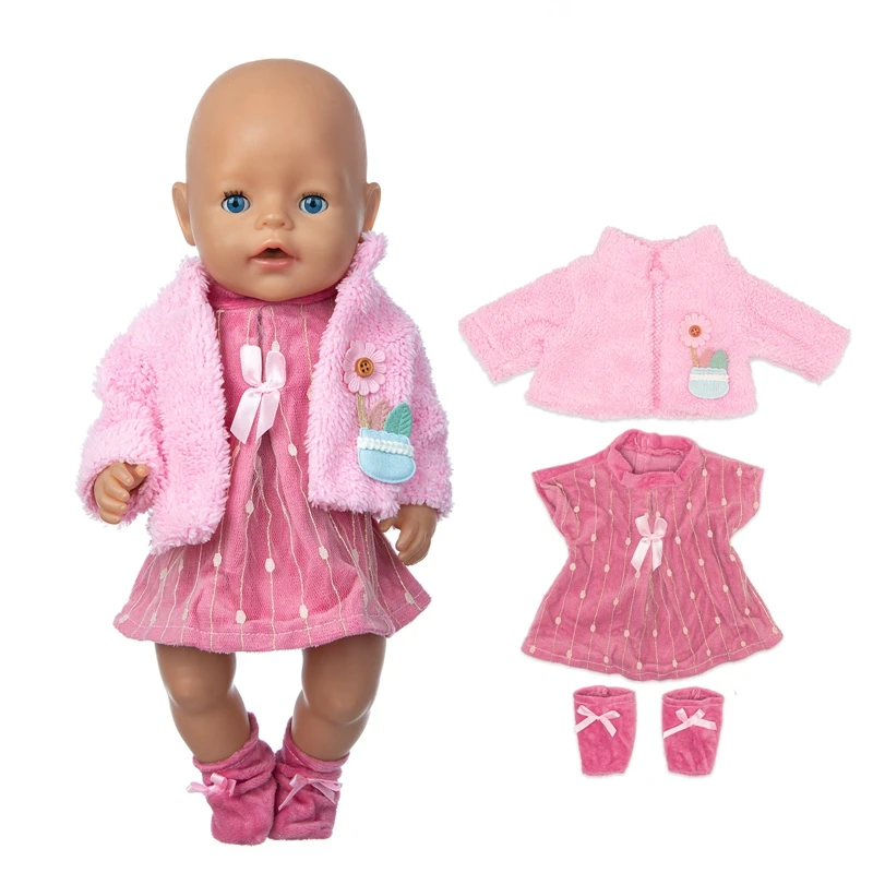 Pink Dress+Coat+Socks Doll Clothes Fit 17 inch Fit 43cm Baby New Born Doll Clothes