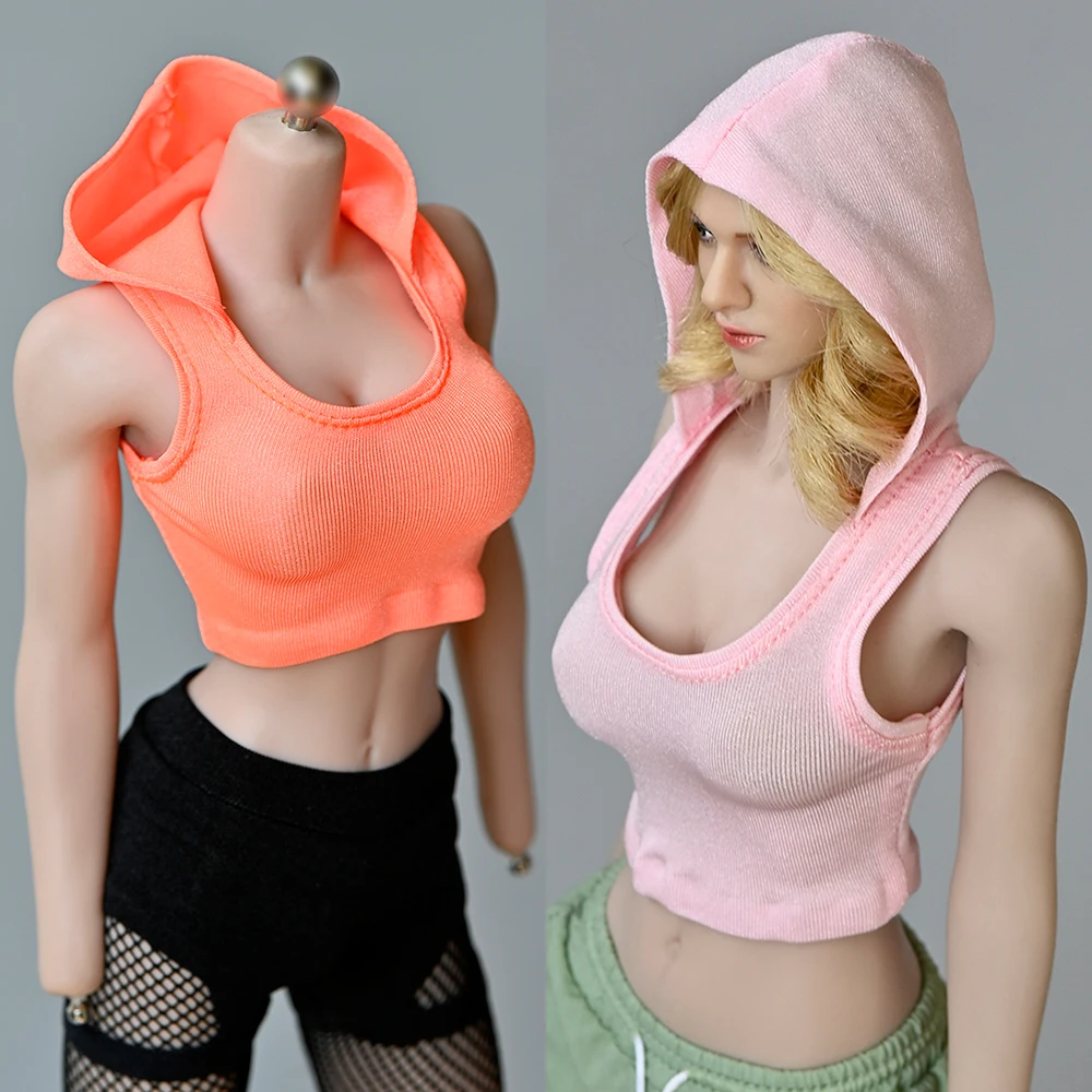 1/6 Scale Female Vest Clothes Hooded Super Short Style Sleeveless Tshirt for 12 Inches Woman Body Action Figures Accessories