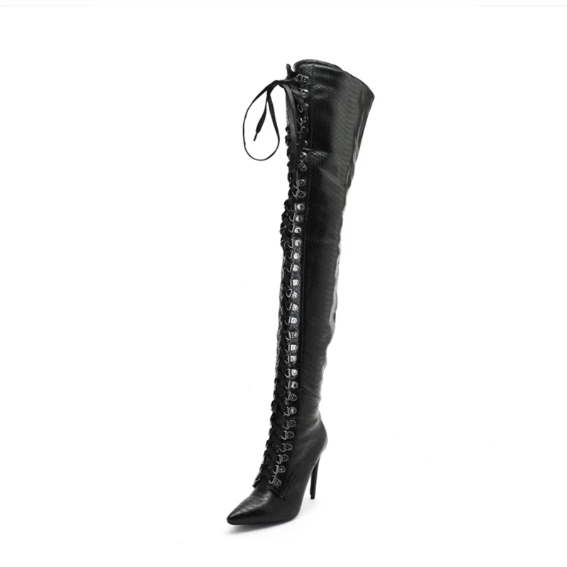 2020 Winter New Fashion Cheap Wholesale Lace Up Thigh High Boots Black Snakeskin Over Knee High Side Zip Plus Size 47